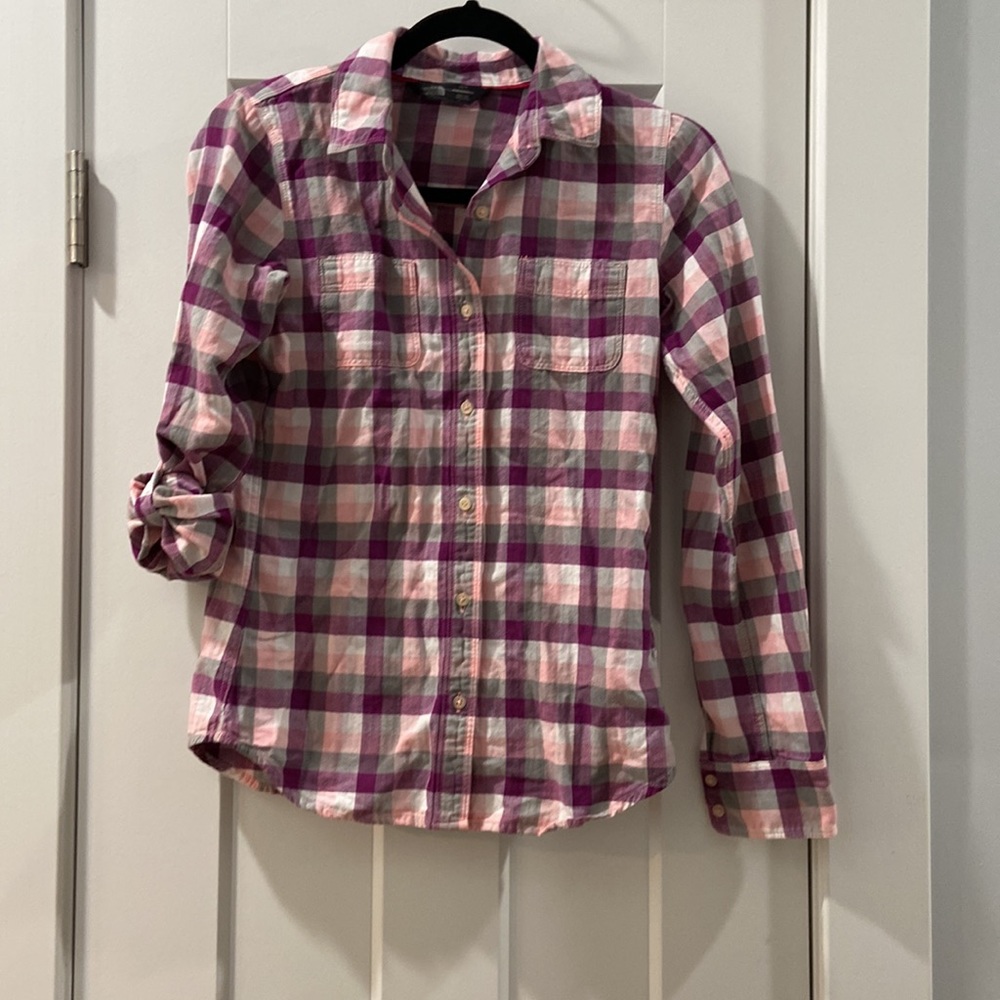 The North Face XS pink, purple,& gray women's flannel long sleeve / roll sleeves
